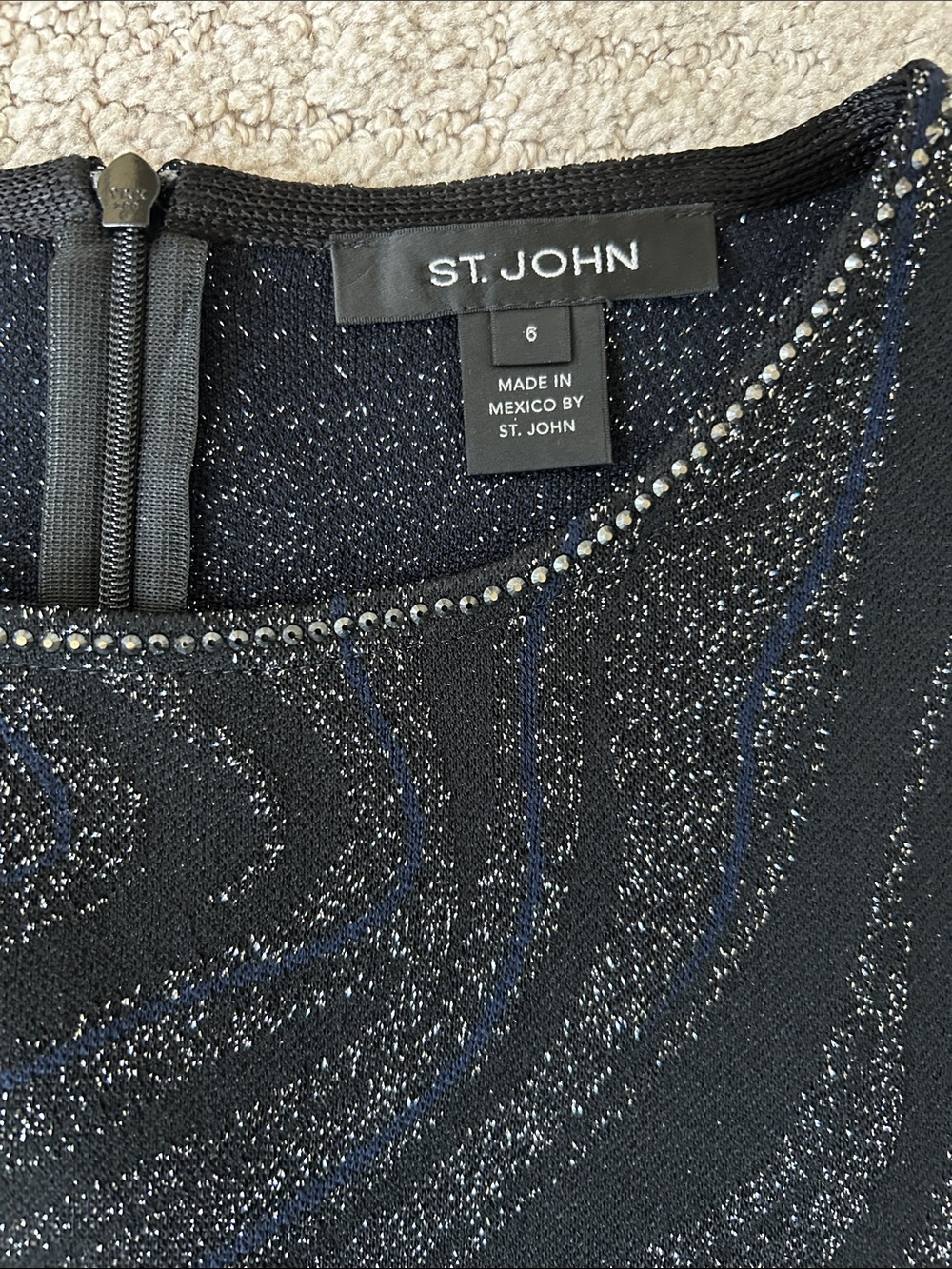 St. John Black and dark blue Dress with Silver Glitter Wave Pattern Size 6
